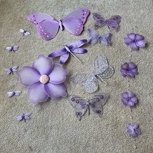 Lot of fabric ,beaded and glitter butterflies, flowers and dragonflies